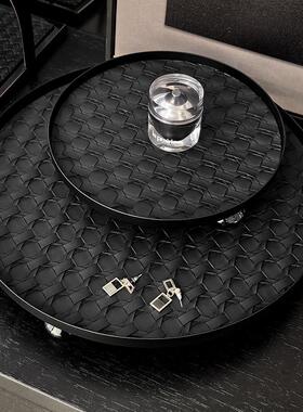 轻奢风藤编皮质圆形香薰托 托盘玄关钥匙收纳盘首饰盘装饰摆盘