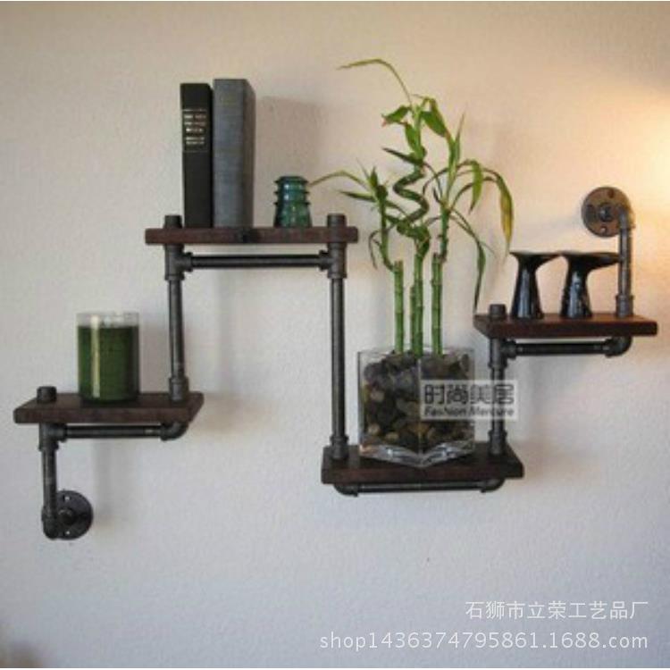 销铁艺工业水管置物架墙隔板展书架实上木墙上花架直TTP示架