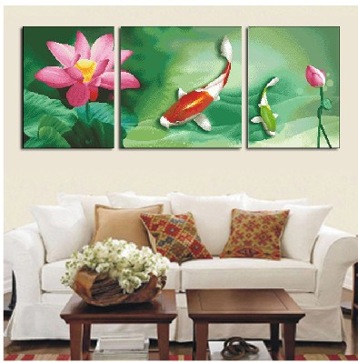 超清晰彩色十字绣重绘图纸/源文件 三联 画鱼戏莲叶间