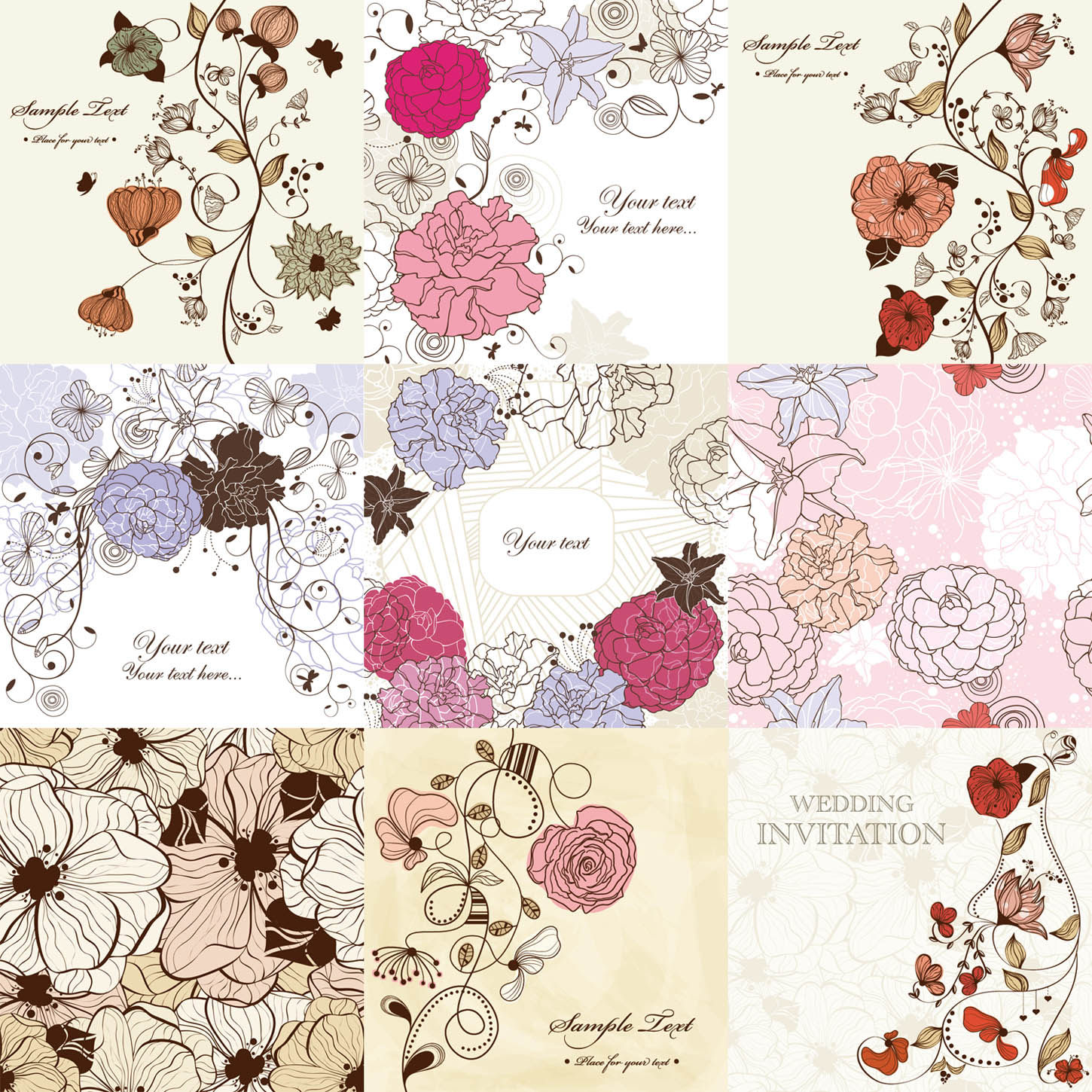 手绘玫瑰花藤牡丹花枝百合花婚礼舞台背景线描装饰矢量图素材A835