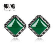 Hong 925 Silver jewelry set of Tremella fuciformis Berk natural green agate square ear clip the Korean version of retro girl Thai Silver Earring