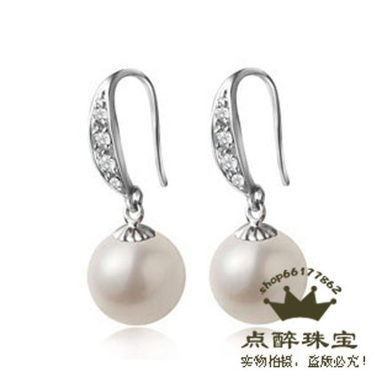 包邮 点醉 925纯银镶钻天然珍珠耳环 9-10MM 正圆强光无暇 正品女