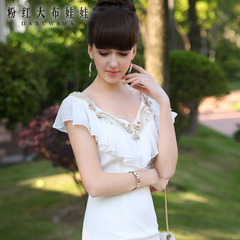 2015 spring dress big pink dolls new spring summer dresses ruffled v-neck short sleeve white dress