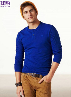 美国鹰/American Eagle/AE 男士经典纯色休闲门筒领长袖T恤