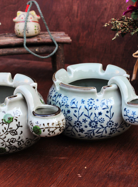 釉下彩陶瓷日式青花瓷办公室带盖带水槽烟缸防烟灰大号烟灰缸创意