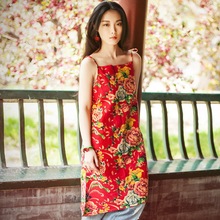 布衣美人原创女装老花布吊带民族风棉麻打底衫夏季无袖背心连衣裙