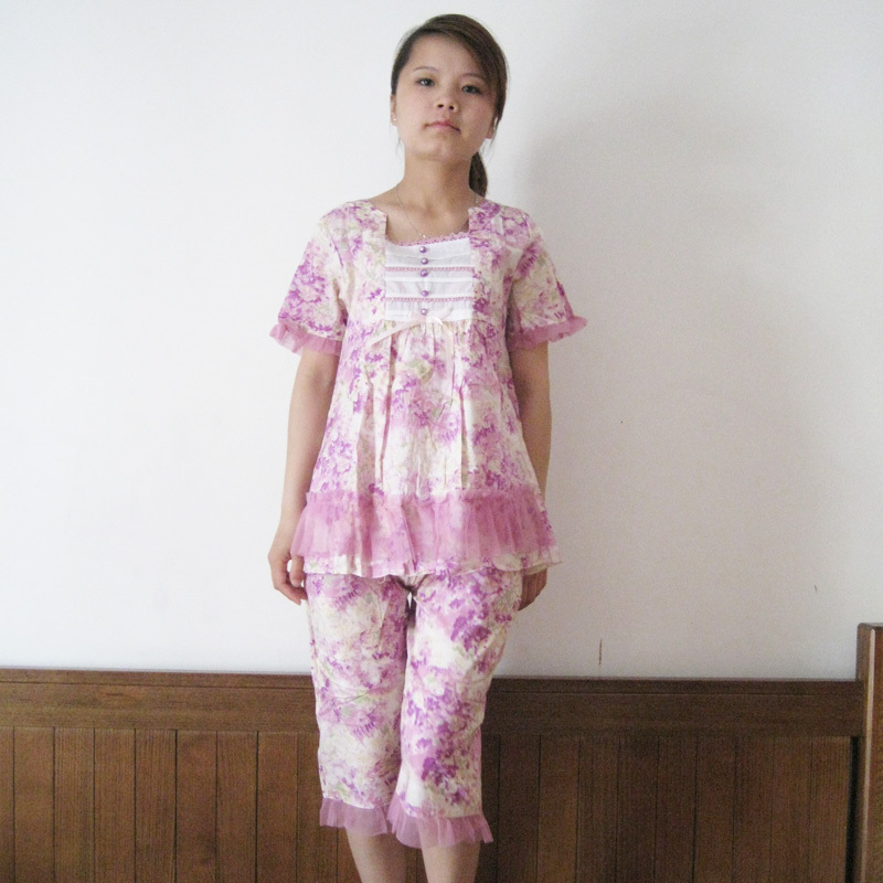 升派正品夏季款短袖全棉純棉女士蕾絲邊純棉睡衣套裝6270小碼