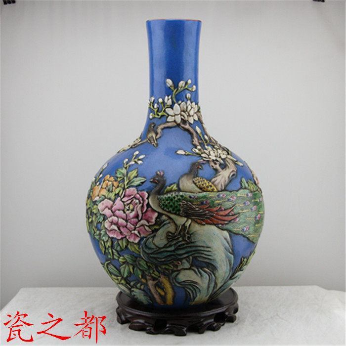 清 全手工浮雕刻孔雀牡丹花图天球瓶 复古家居摆设 厂货古玩收藏
