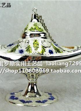 Z2俄罗斯彩锡合金属摆件阿拉丁神灯中号珐琅釉银边白色蓝金花许愿