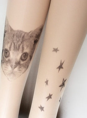 嘴唇纹身萌猫星星卡通风超薄丝袜