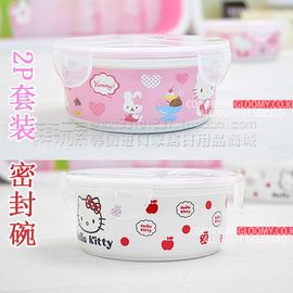 韩国进口 hello kitty 陶瓷 密封碗 盖碗 保鲜碗 白或粉色2P套装