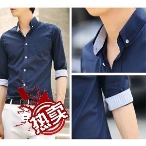 夏季男装新款短袖衬衫青年潮韩版修身7分袖寸衫中袖休闲时尚衬衣