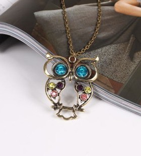 欧美复古三色嵌钻镂空雕花可爱猫头鹰项链毛衣链#02085