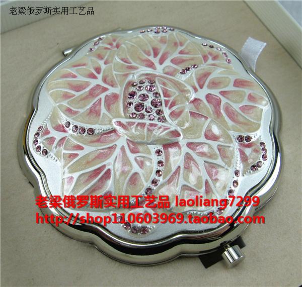 Z1俄罗斯合金金属双面折叠化妆镜子白色荷叶边圆形粉钻浅粉树叶
