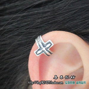 原创复古做旧s925纯银十字架耳夹男无耳洞戴耳骨夹欧美女个性耳环