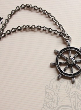 手工加勒比海盗船舵朋克风银项链