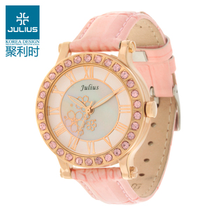 julius聚利时手表韩国时尚 486 女士手表大圆盘镶钻皮带石英表手JA