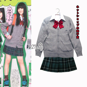 清货！梅子堂 日本校服V领开衫+衬衫+百褶裙+领花/四件套