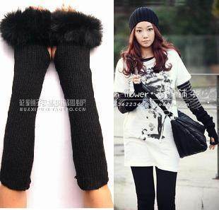 冬保暖兔毛皮毛一体高档女士加长护腕羊毛线半指长款手套气质手套
