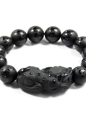 磨砂天然六字真言黑曜石貔貅手链