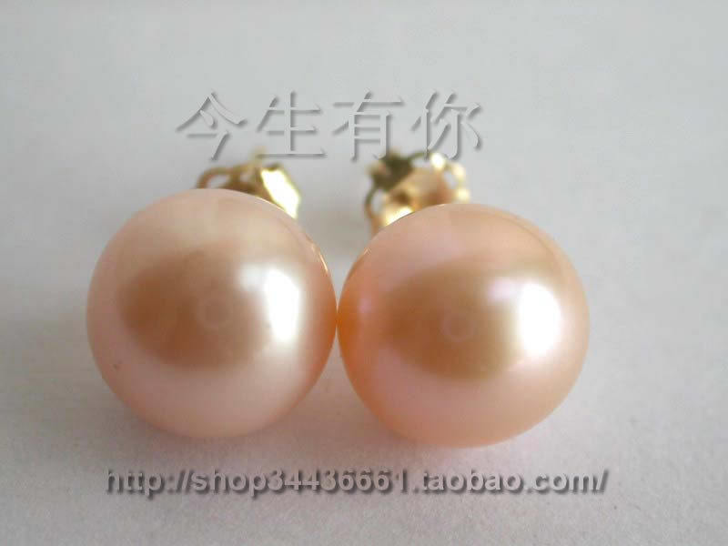 今生有你高贵典雅的10mm天然粉色珍珠耳钉纯14k金耳饰女包邮正品