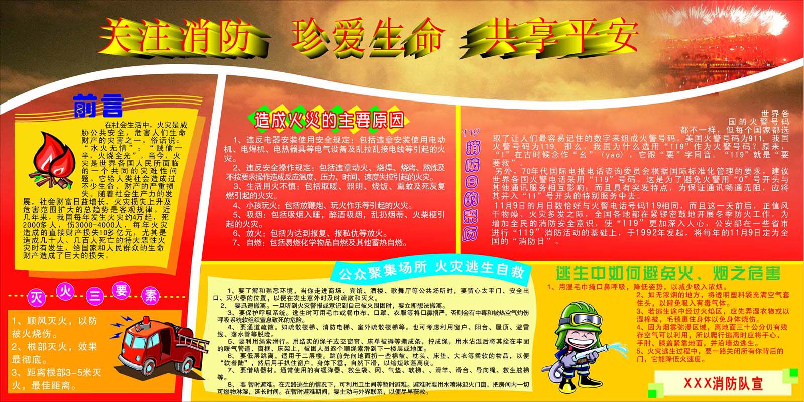 海报印制210展板4541关注消防造成火灾的原因灭火三要素逃生自救