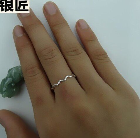 谢家银匠圆管波浪戒指 韩版女关节戒圈简约细款波浪纹足银尾戒