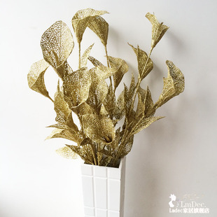 Lmdec欧式花艺喷金5头马蹄莲百合 落地花饰长枝仿真花假花丝网花