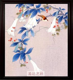 别墅茶馆客厅书房装 中式 鸟 景德镇瓷板画 修饰 吊钟花 瓷画有框画