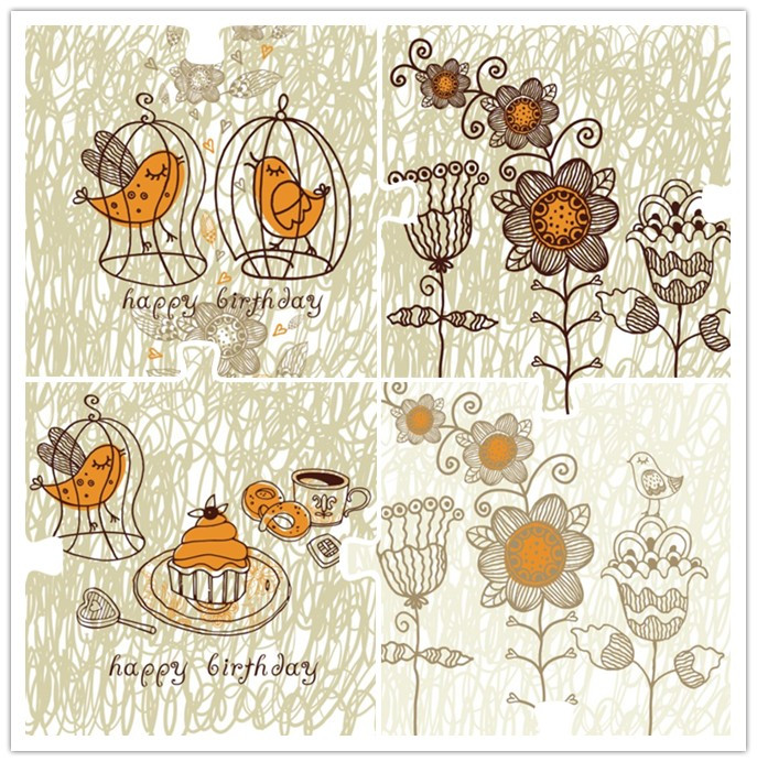 矢量设计素材 手绘风格可爱小鸟花卉线稿图案 EPS格式源文件