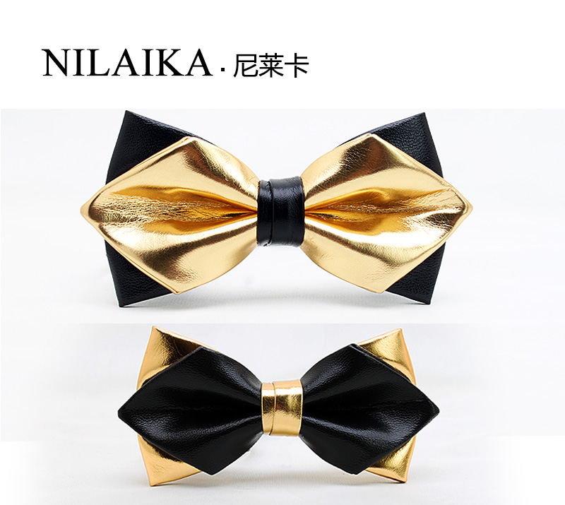 金色蝴蝶结PU双层男士bowtie 英伦派对夜店土豪金尖角领结煲呔男