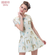 Fine bi Linda 2015 spring/summer new women's Europe and the mosaic characters printed short sleeve low waist pleated skirt dress