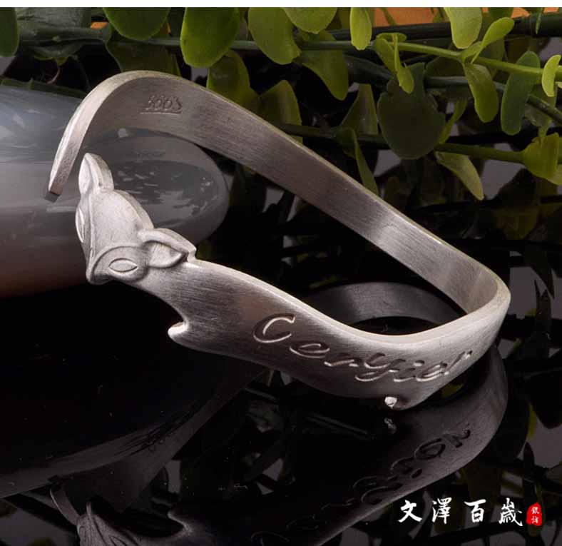 文泽百岁银坊 狐狸足银银手镯亚光 桃花银镯子NO1823