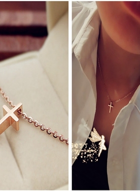 钛钢玫瑰金迷你十字架项链饰品