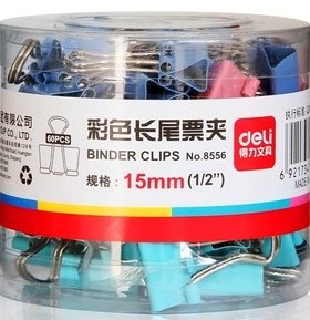 得力彩色长尾夹 8556 15mm 燕尾夹 票据夹 反尾夹 60个/盒