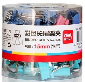 得力彩色长尾夹 8556 15mm 燕尾夹 票据夹 反尾夹 60个/盒