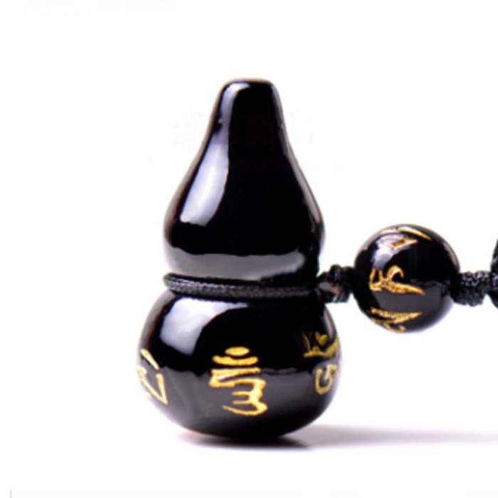 天然黑曜石六字真言葫芦吊坠