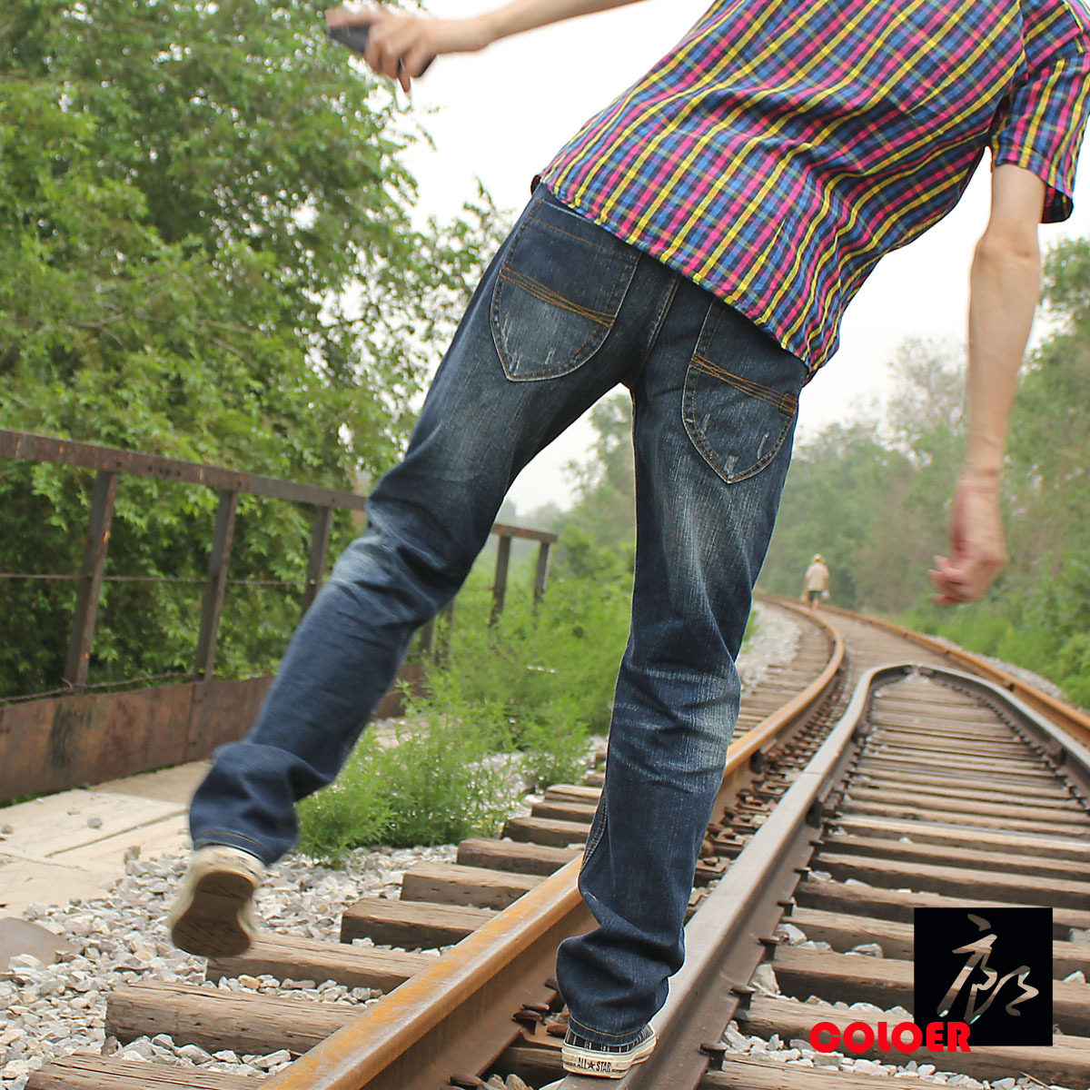 英国潮牌日韩版绿色系列做旧复古修身直筒休闲时尚男款牛仔裤