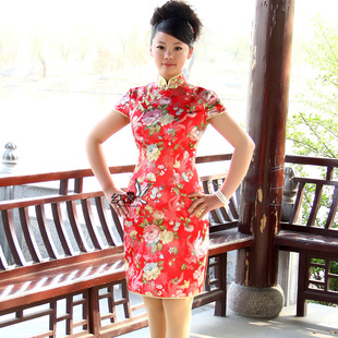 红影旗袍 定制旗袍 新娘结婚旗袍 敬酒礼服 牡丹花织绵缎 敬酒