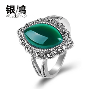 Hong 925 Silver jewelry inlay natural green agate silver ring vintage Lady Ruby Thai silver Europe index finger ring