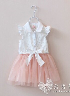 夏款女童宫喜蝴蝶结翻领飞袖纱裙公主裙连衣裙夏裙