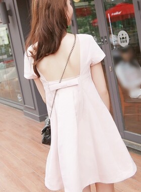Valent1no 嫩粉色蝴蝶结 露背短袖连衣裙