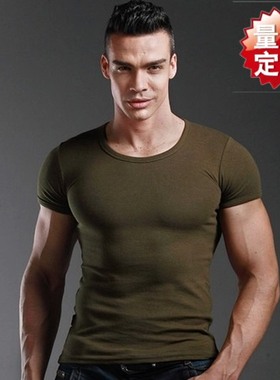 男士紧身小圆领军绿色短袖T恤健身运动t恤衫纯棉半截袖短袖打底衣