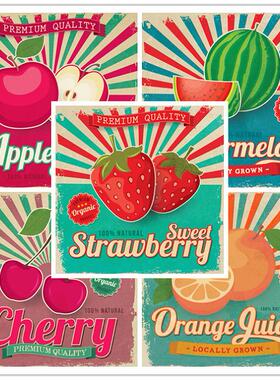 矢量设计素材 复古水果海报樱桃草莓西瓜苹果橙子 EPS格式源文件