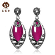 Thai silver long Thai silver fashion new Ruby Stud Earrings 925 Silver earrings red corundum Lady