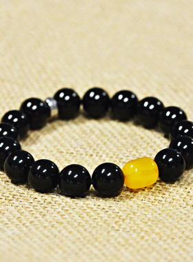 天然黑碧玺蜜蜡琥珀水晶手链