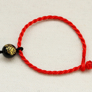 天然黑曜石普贤菩萨手链 属蛇属龙守护神本命佛红绳手串