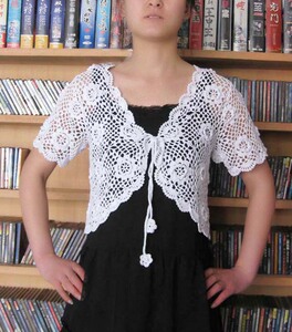 定制 勾花短袖开衫短袖外套女装上衣针织衫女式 镂空编织毛衣834