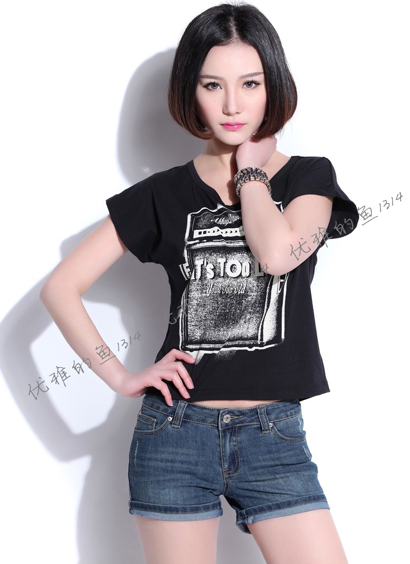 abbeydawn艾薇儿新款纯棉女黑色T恤 个性骷髅朋克打火机 原宿短袖
