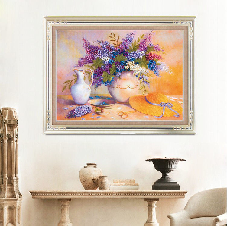 包邮新款手工丝带绣客厅挂画立体彩印彩带紫蔓香花卉花瓶非十字绣